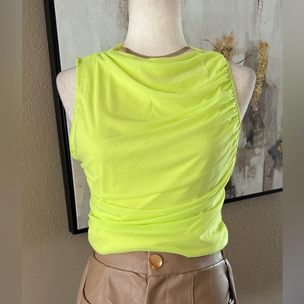 Lime Green Mesh mock neck Sleeveless Top - Picture 1 of 13